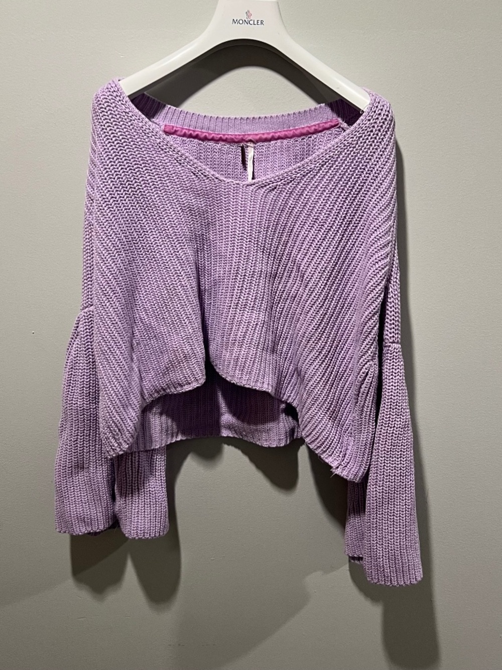 Free People Lavender Chunky Knit Bell Sleeve Cropped Sweater